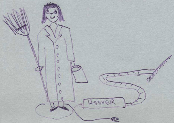 Apron, broom and vacuum cleaner - illustration from Katharina's letter home.