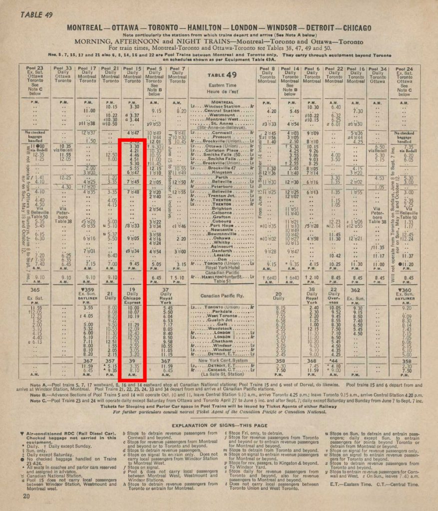 1958 Canadian Pacific timetable - Table 49 Ottawa to Chicago 1958 Canadian Pacific timetable - Table 49 Ottawa to Chicago