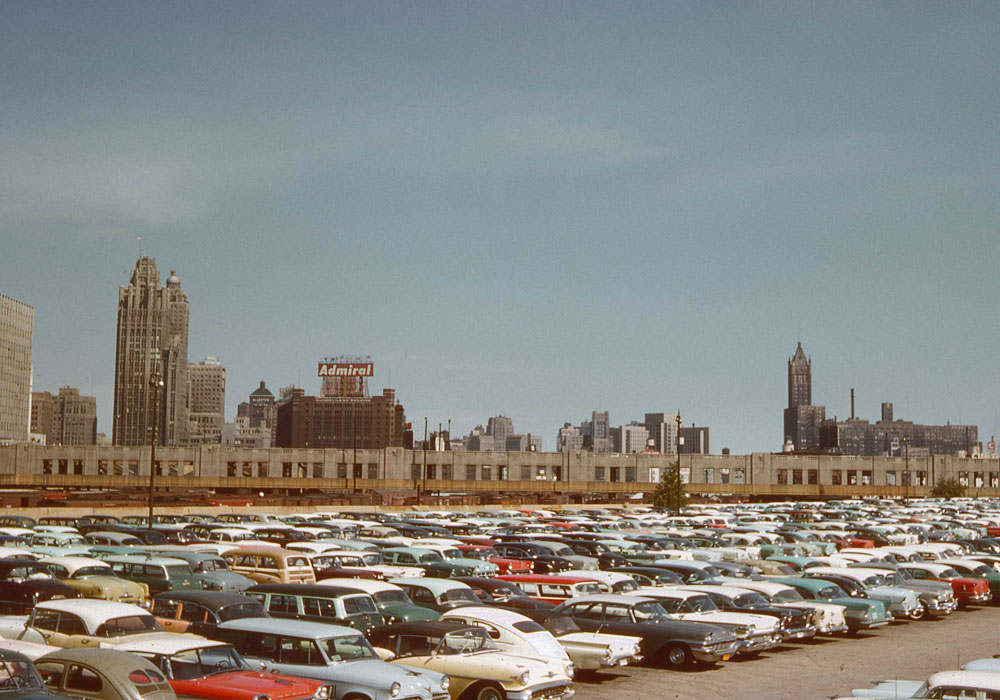 Chicago skyline over parking lot (photo by Henry Tribe 1958). Chicago skyline over parking lot (photo by Henry Tribe 1958).