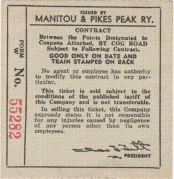 Manitou and Pikes Peak Railway ticket, 1958. Manitou and Pikes Peak Railway ticket, 1958.