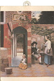 Side 1 of an Effluvium Warning Card: Work of Art "Courtyard with an Arbour in Delft" by Pieter de Hooch (Fitzwilliam Museum postcard).