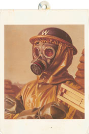 Side 2 of an Effluvium Warning Card: "Gas Mask" by William Ramsden Brealey (Imperial War Museum postcard).