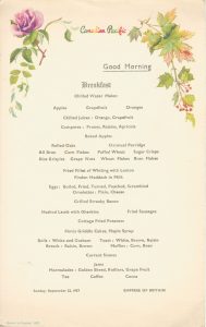 Empress of Britain Breakfast Menu 22nd September 1957