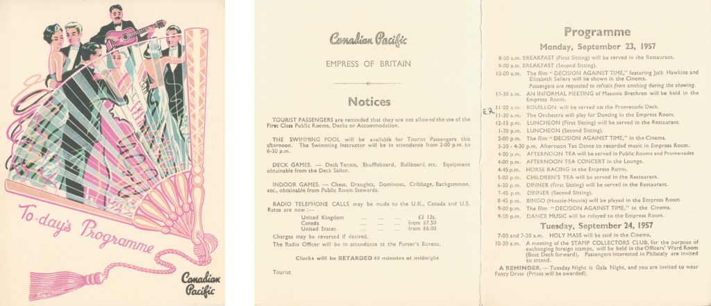 Empress of Britain Programme from 23rd September 1957, listing horse racing and bingo