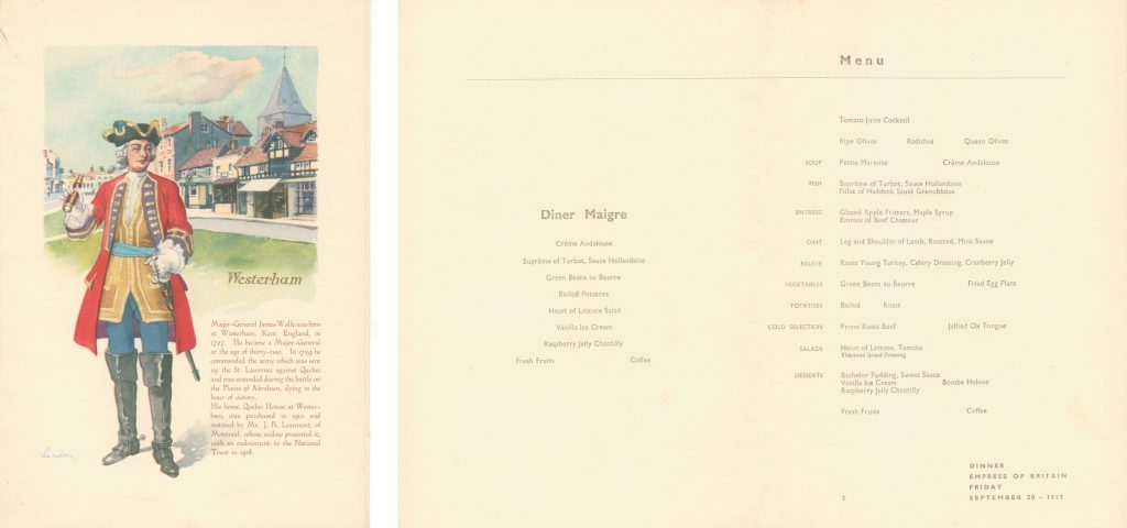 Empress of Britain Dinner Menu 20th September 1957