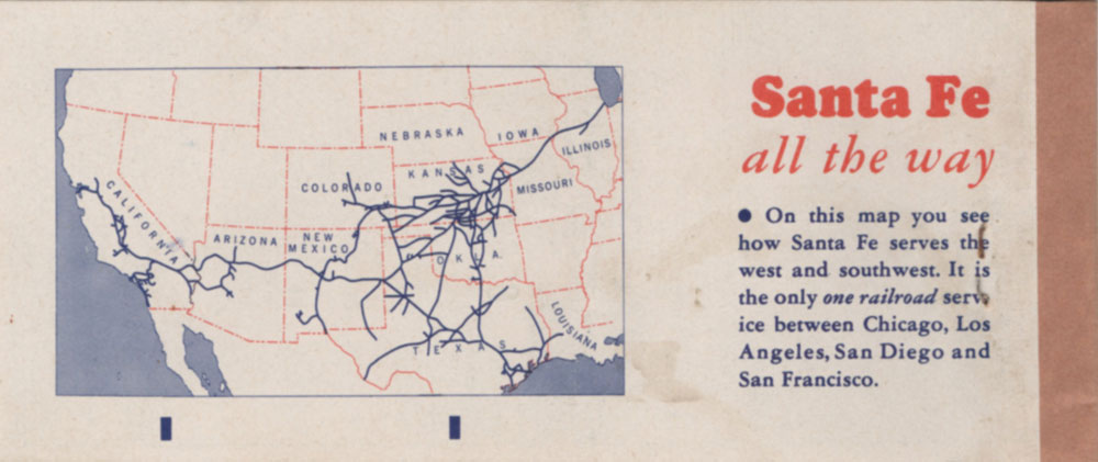 Atchison, Topeka and Santa Fe Railway ticket 1958 - back cover. Atchison, Topeka and Santa Fe Railway ticket 1958 - back cover.