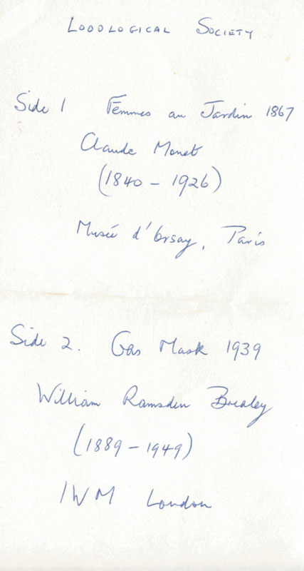 "Loological Society" handwritten note supplied with the Effluvium Warning Card, with details of the artworks used.