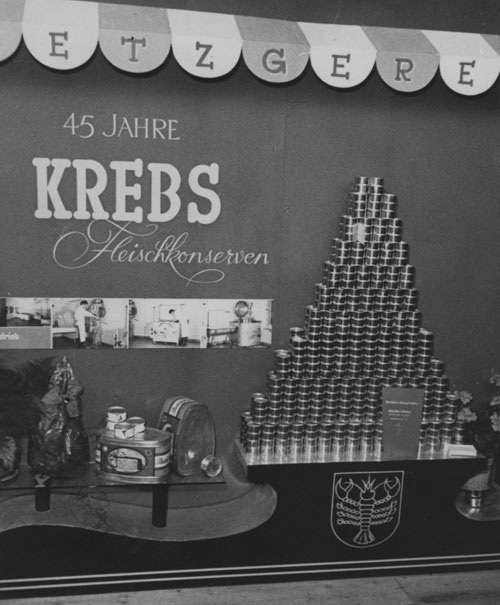 Pyramid of cans in the shop window of Metzgerei Fritz Krebs. Pyramid of cans in the shop window of Metzgerei Fritz Krebs.