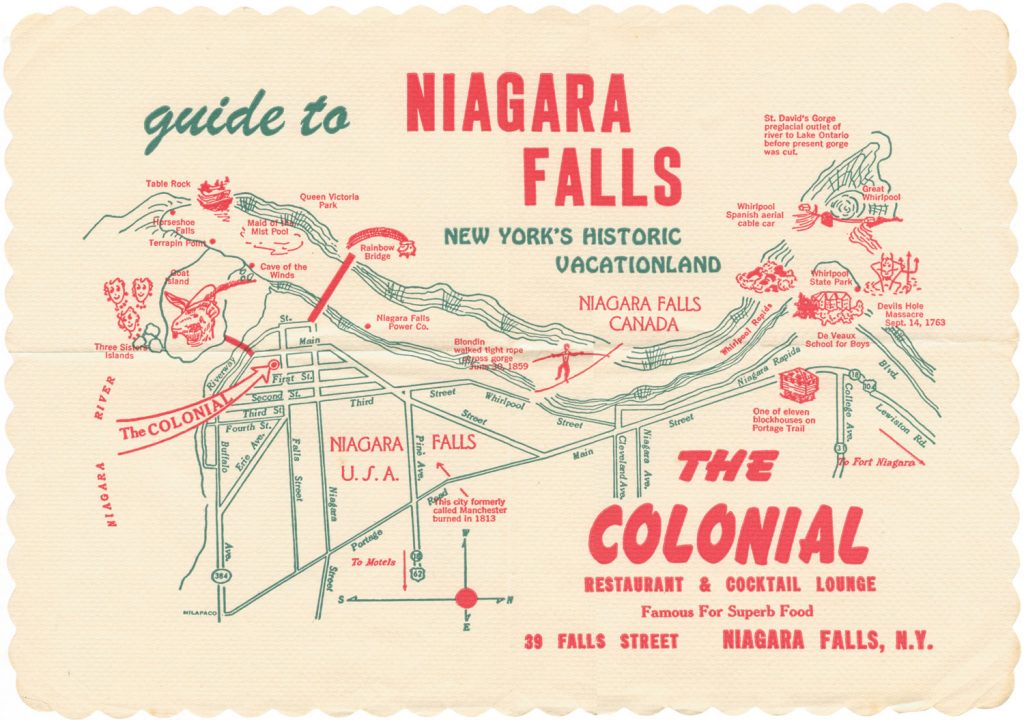 Placemat from The Colonial Restaurant and Cocktail Lounge, Niagara Falls