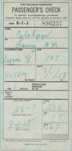 Pullman Company Passenger's Check for Henry's sleeping car accommodation between Colorado Springs and Lamy. Pullman Company Passenger's Check for Henry's sleeping car accommodation between Colorado Springs and Lamy.
