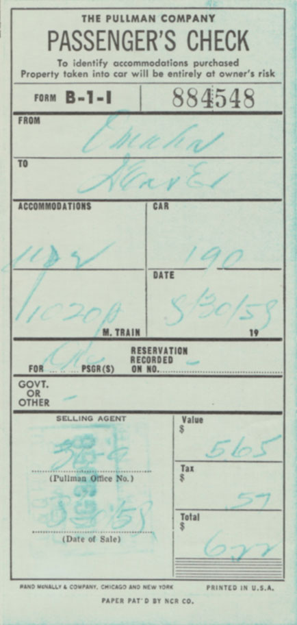 Pullman Company Passenger's Check for Henry's sleeping car accommodation between Omaha and Denver. Pullman Company Passenger's Check for Henry's sleeping car accommodation between Omaha and Denver.