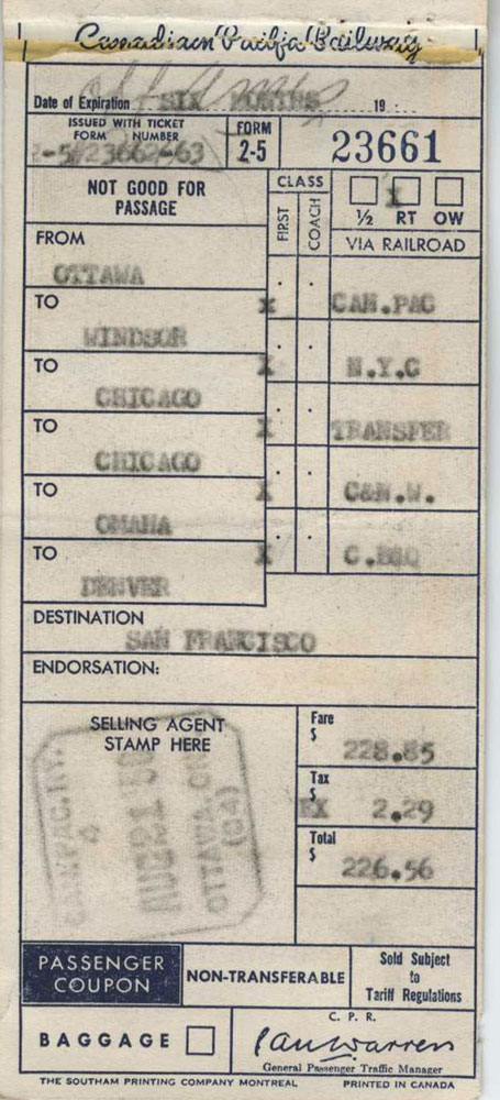 Canadian Pacific rail ticket 1958 showing Ottawa to Denver Canadian Pacific rail ticket 1958 showing Ottawa to Denver