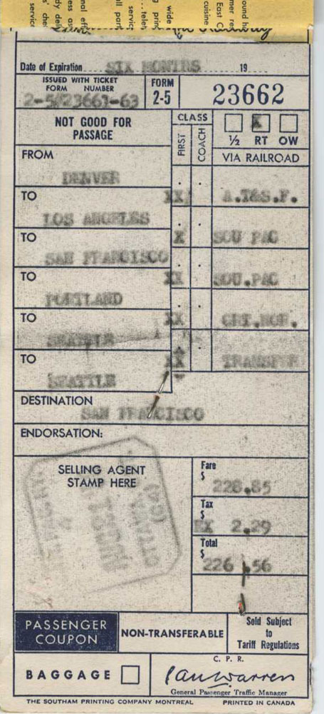 Canadian Pacific rail ticket 1958 showing Denver to Seattle Canadian Pacific rail ticket 1958 showing Denver to Seattle