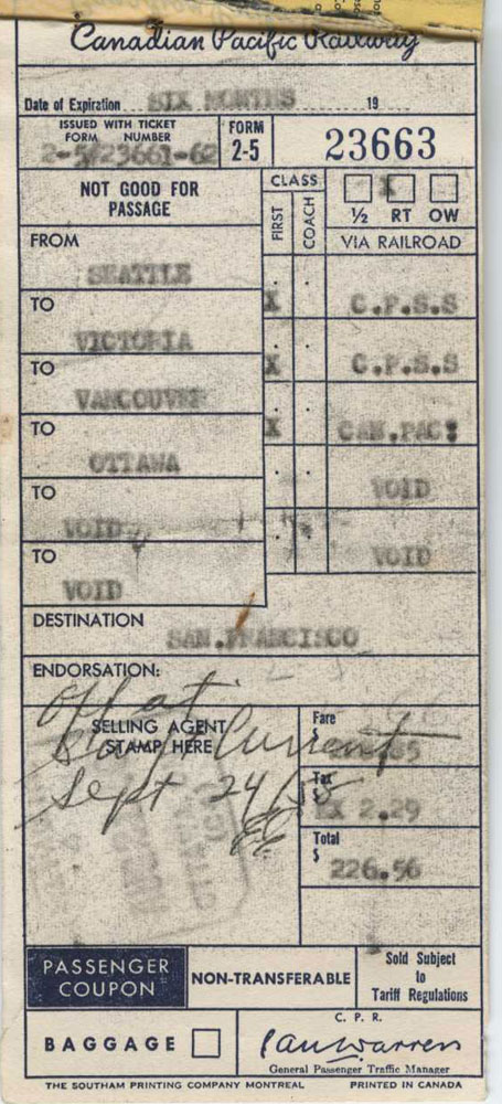 Canadian Pacific rail ticket 1958 showing Seattle to Ottawa Canadian Pacific rail ticket 1958 showing Seattle to Ottawa
